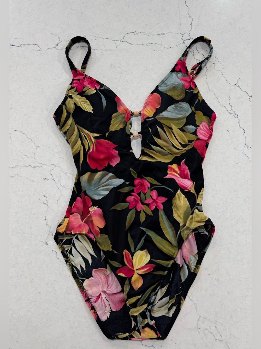 Jamaica Bay Women's Black Floral One Piece Swimsuit Stretch Size 14